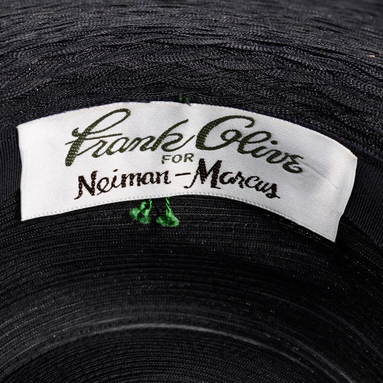 Frank Olive Neiman Marcus Vintage Black Straw Hat w/ Pink Roses and