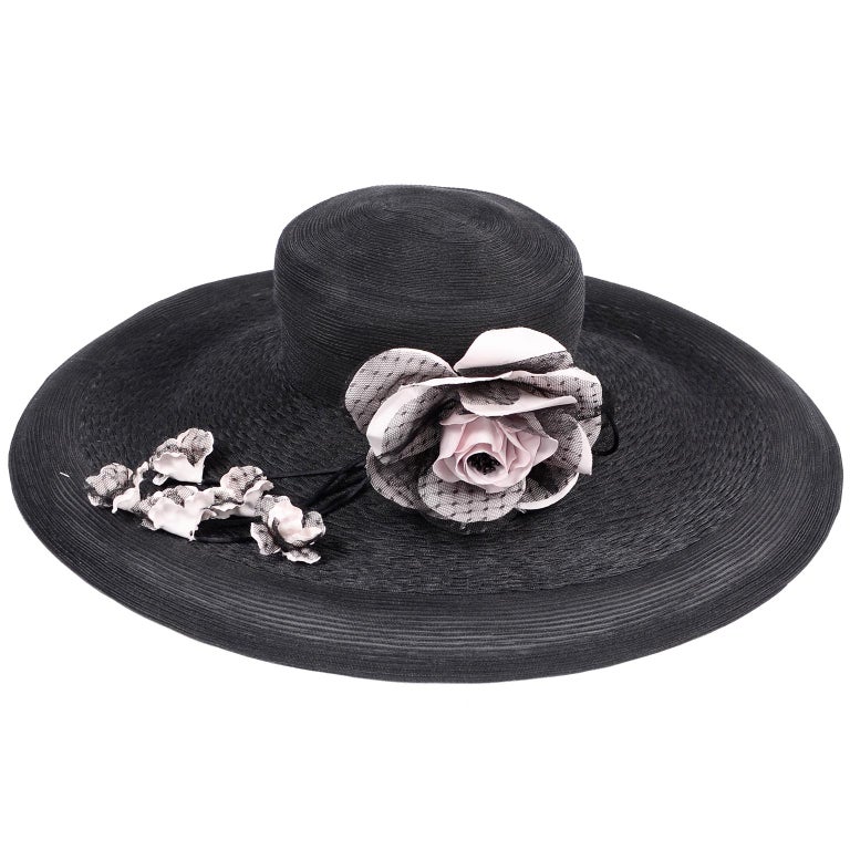 Frank Olive Neiman Marcus Vintage Black Straw Hat w/ Pink Roses and