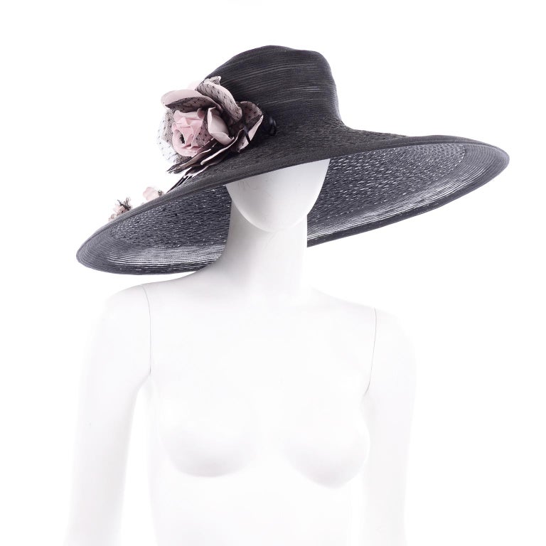 Frank Olive Neiman Marcus Vintage Black Straw Hat w/ Pink Roses and