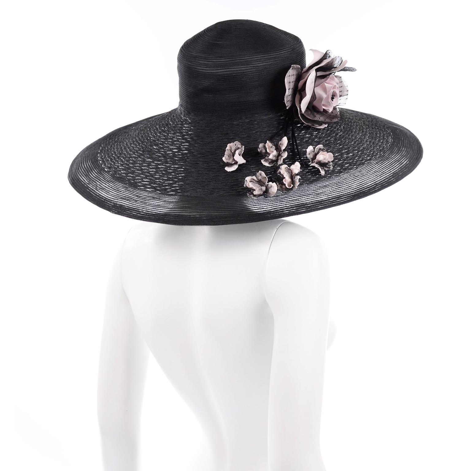 Frank Olive Neiman Marcus Vintage Black Straw Hat w/ Pink Roses & Lace In Excellent Condition In Portland, OR