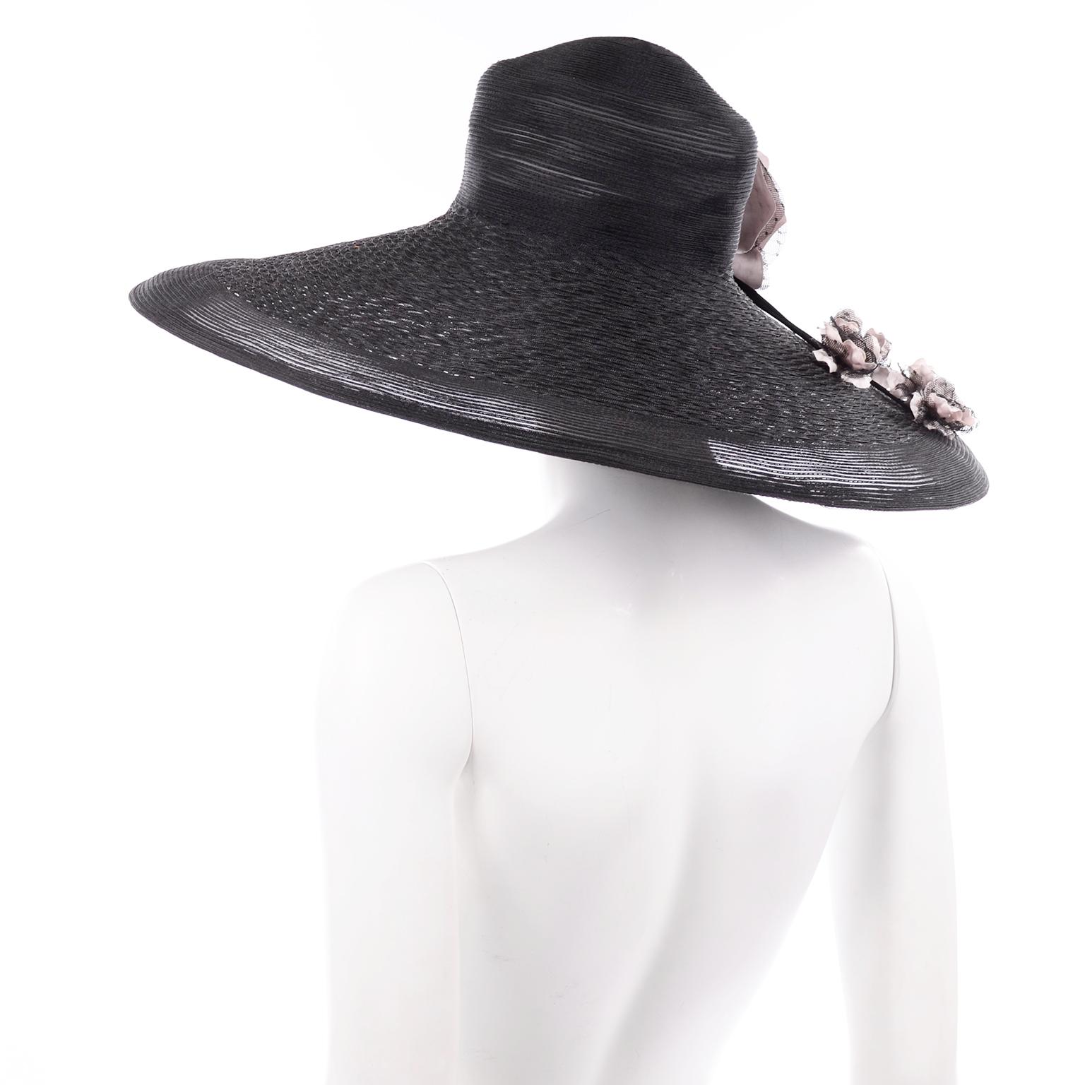 Women's Frank Olive Neiman Marcus Vintage Black Straw Hat w/ Pink Roses & Lace