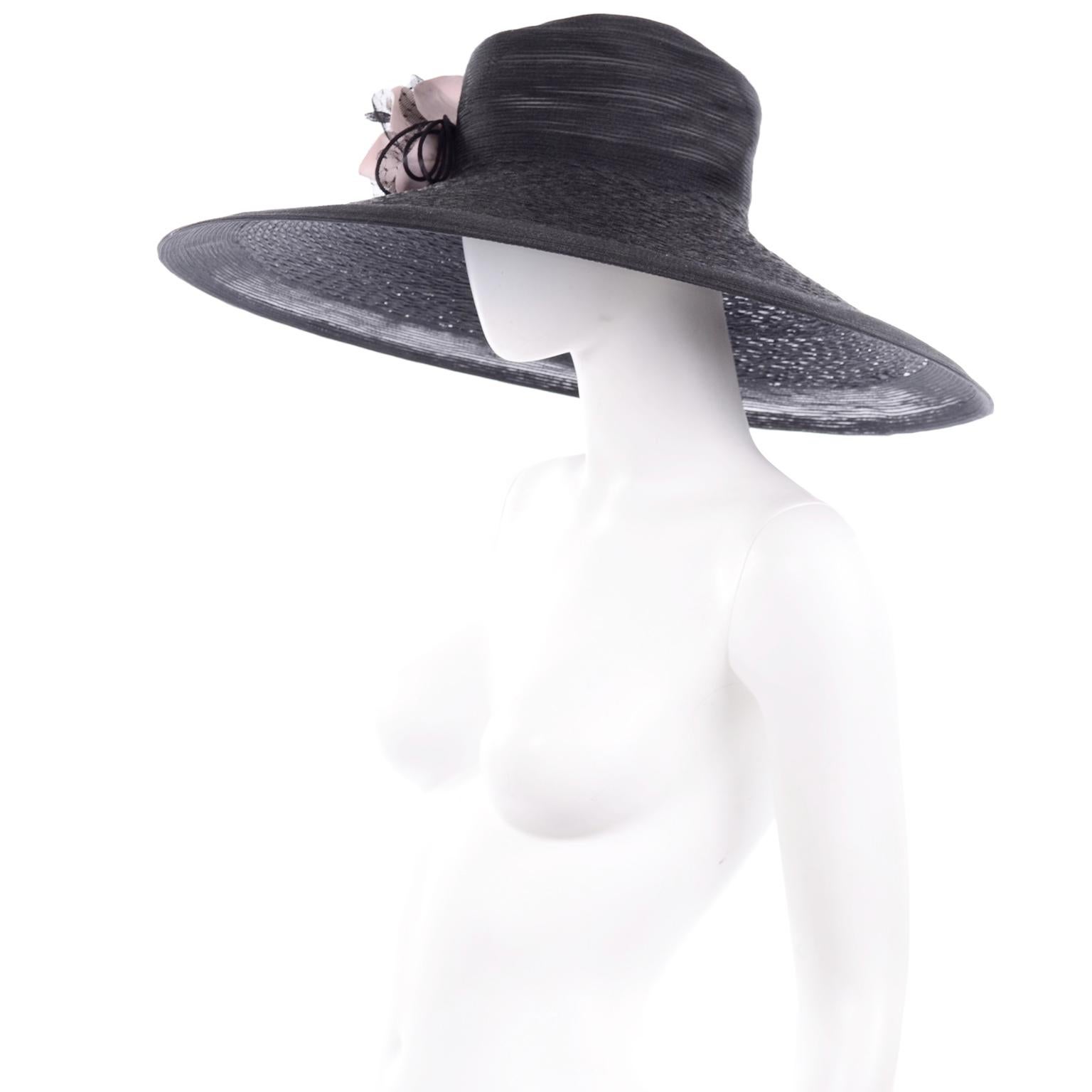Frank Olive Neiman Marcus Vintage Black Straw Hat w/ Pink Roses & Lace 1