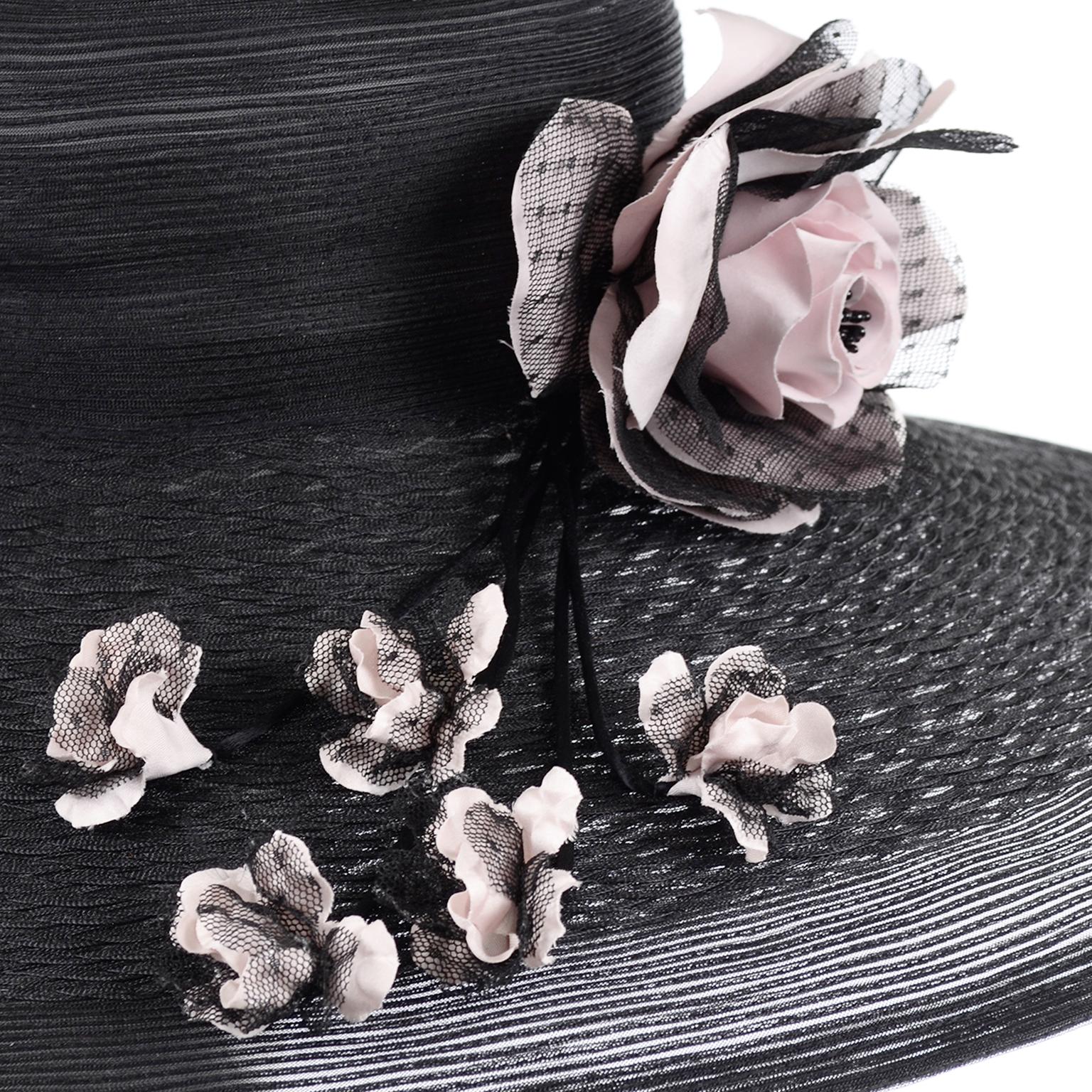 Frank Olive Neiman Marcus Vintage Black Straw Hat w/ Pink Roses & Lace 2
