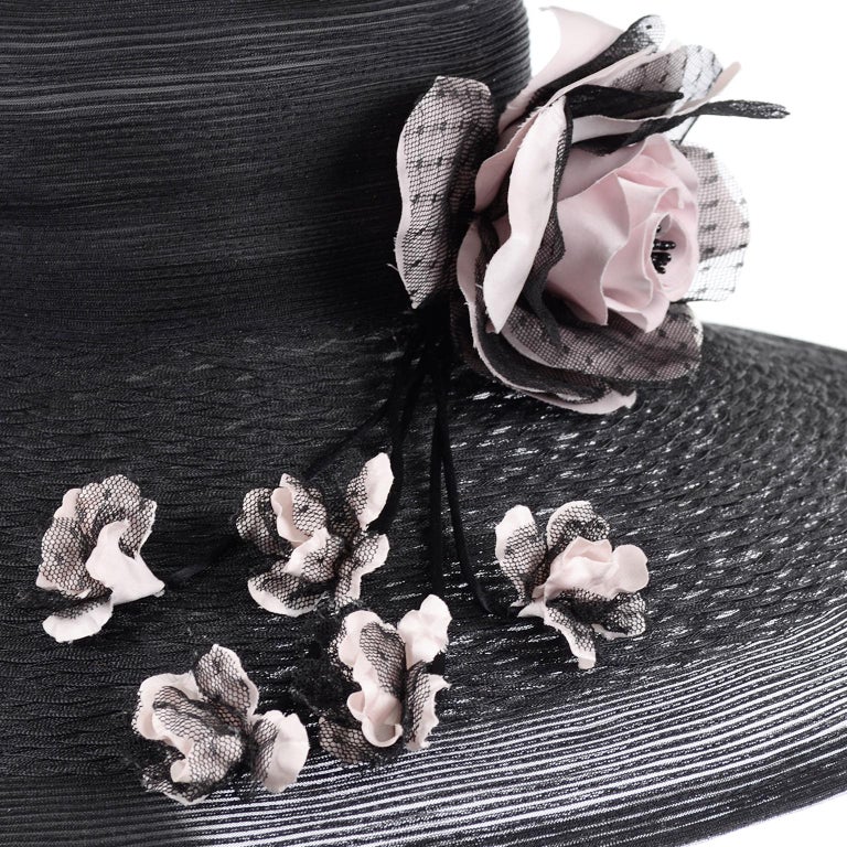 Frank Olive Neiman Marcus Vintage Black Straw Hat w/ Pink Roses and