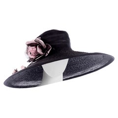 Frank Olive Neiman Marcus Vintage Black Straw Hat w/ Pink Roses & Lace 
