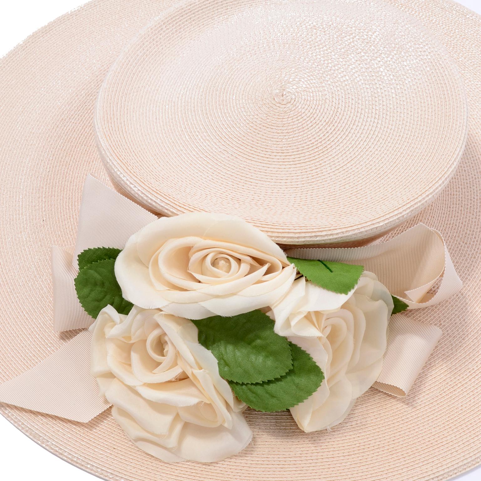 Women's Frank Olive Vintage Cream Straw Hat With Flowers