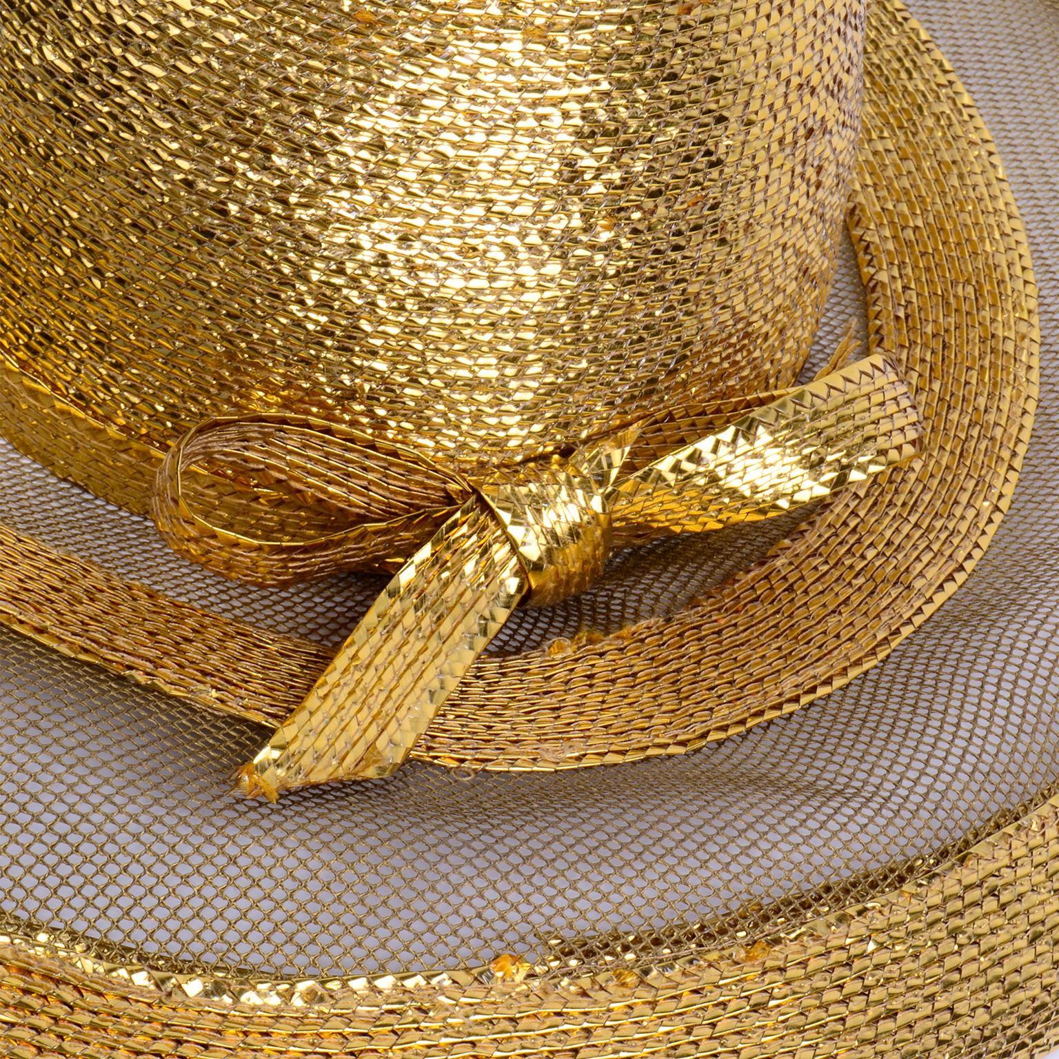 Women's Frank Olive Vintage Gold Woven Straw & Mesh Wide Brim Hat With Bow For Sale