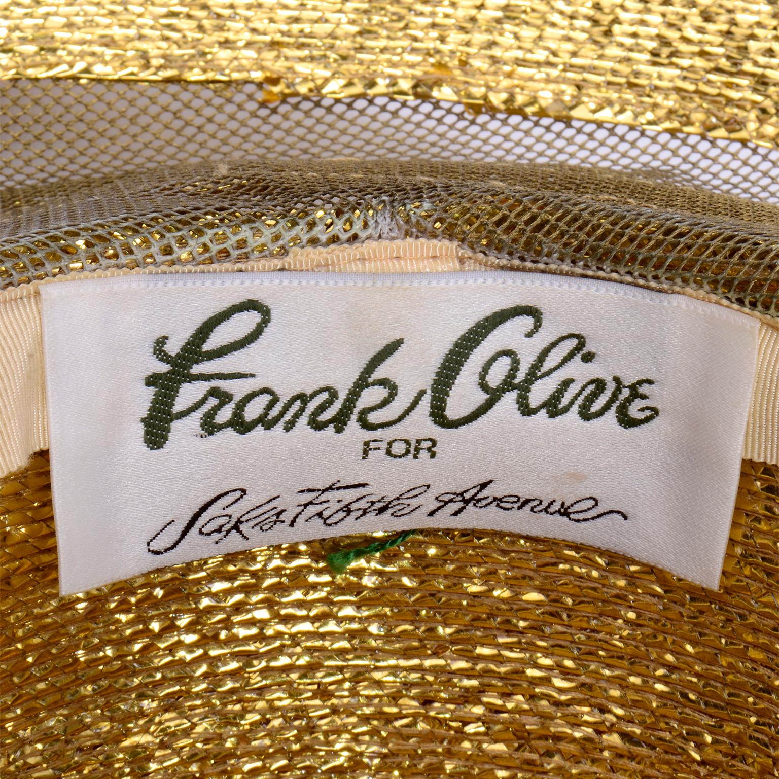 Frank Olive - Chapeau à large bord en paille et maille tissée dorée avec nœud, vintage en vente 4