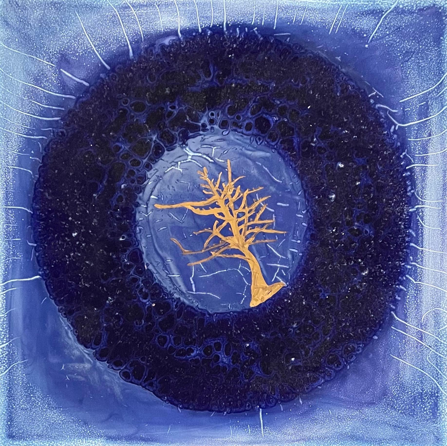 Frank Olt Abstract Painting - Wreath of Life, deep midnight  Blue with gold leaf tree