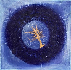 Wreath of Life, deep midnight  Blue with gold leaf tree