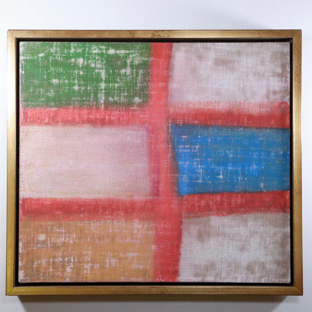 Frank Olt Abstract Painting - Abstract painting  white green red and blue "Landscape no.19' encaustic painting