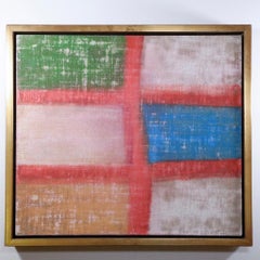 Used Abstract painting  white green red and blue "Landscape no.19' encaustic painting