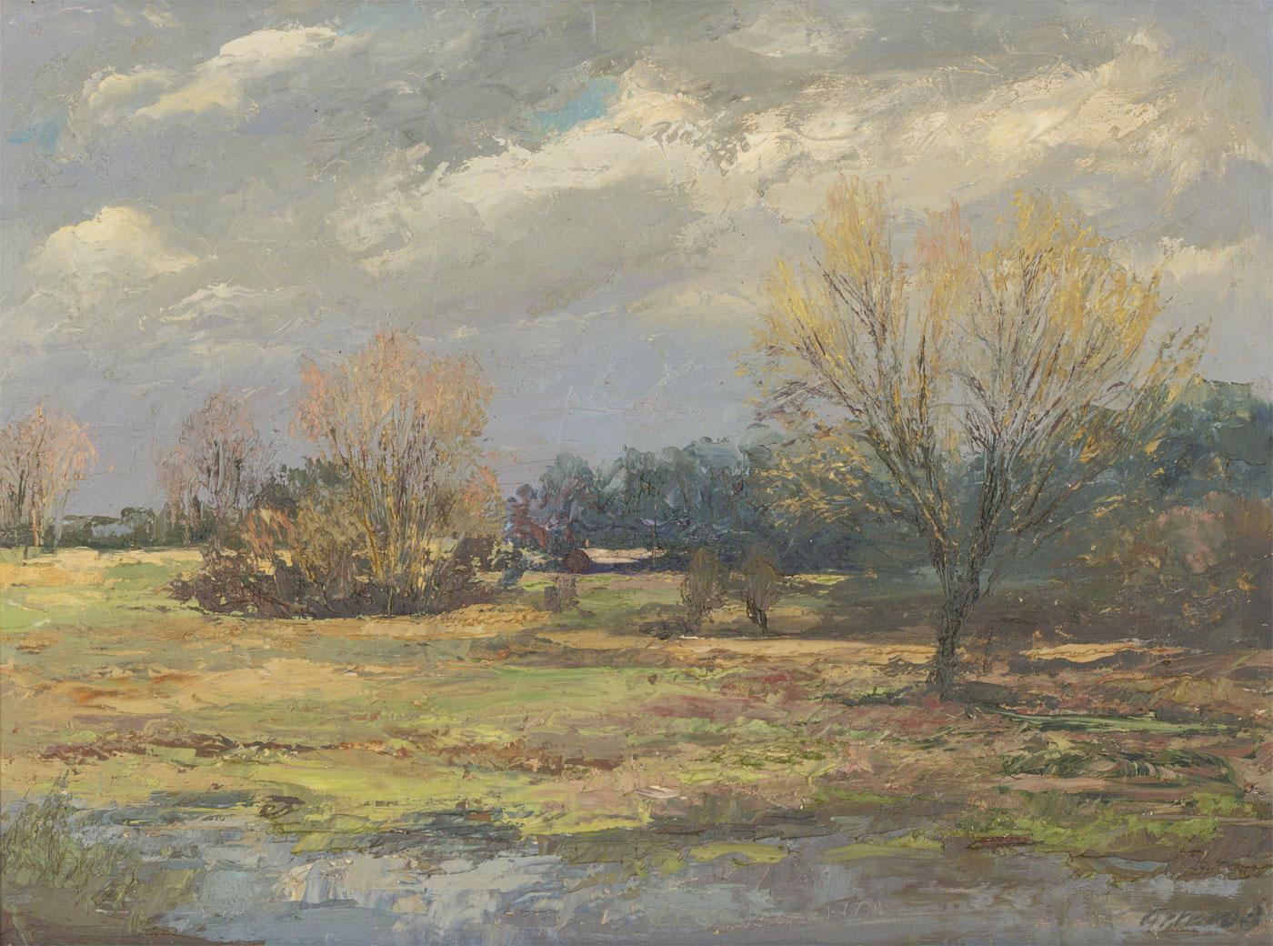 A fine impasto oil painting by the artist Frank Ormrod, depicting a landscape scene. Signed to the lower right-hand corner. Well-presented in a simple black frame. Signed. On board.
