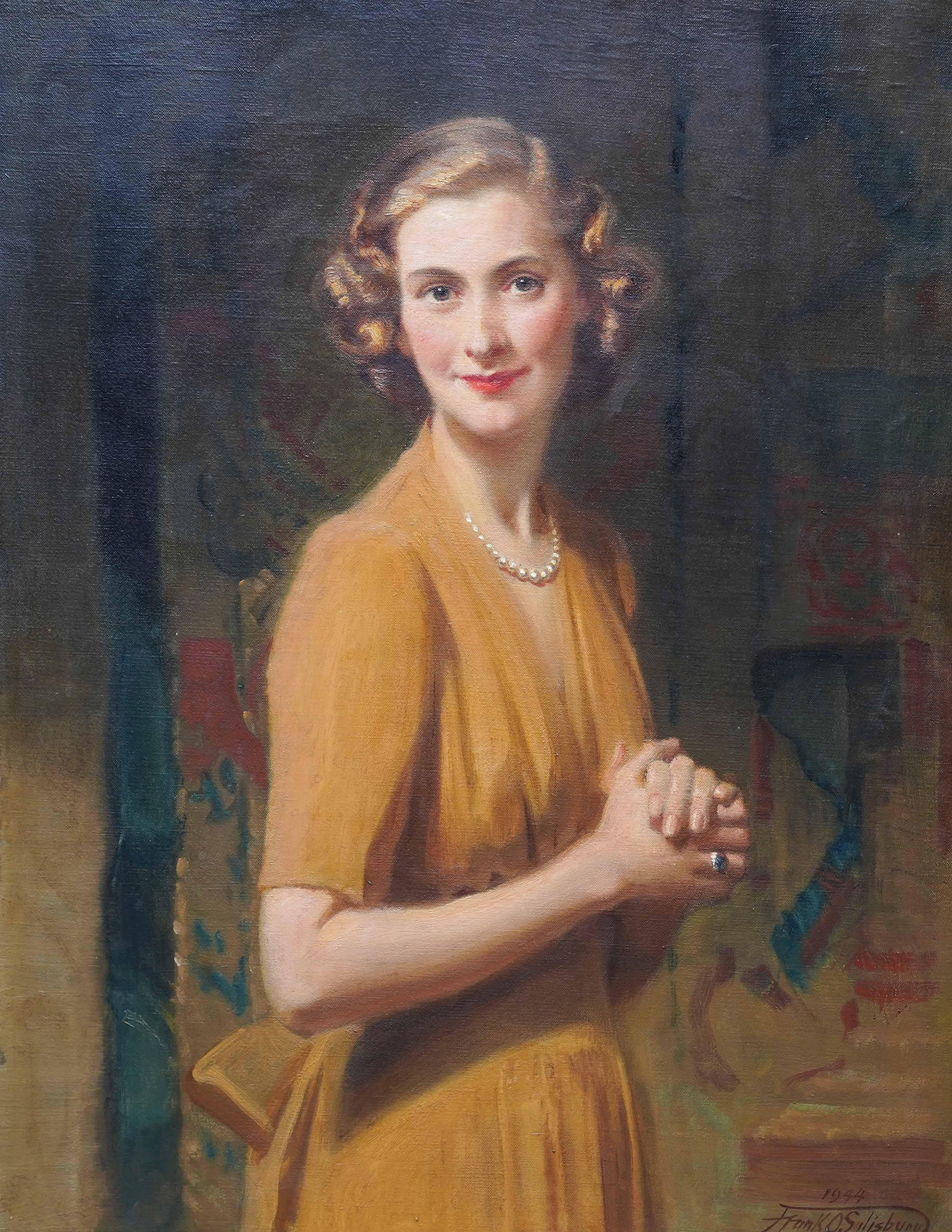 Portrait of a Lady in Gold Dress - British 1940's female portrait oil painting For Sale 5