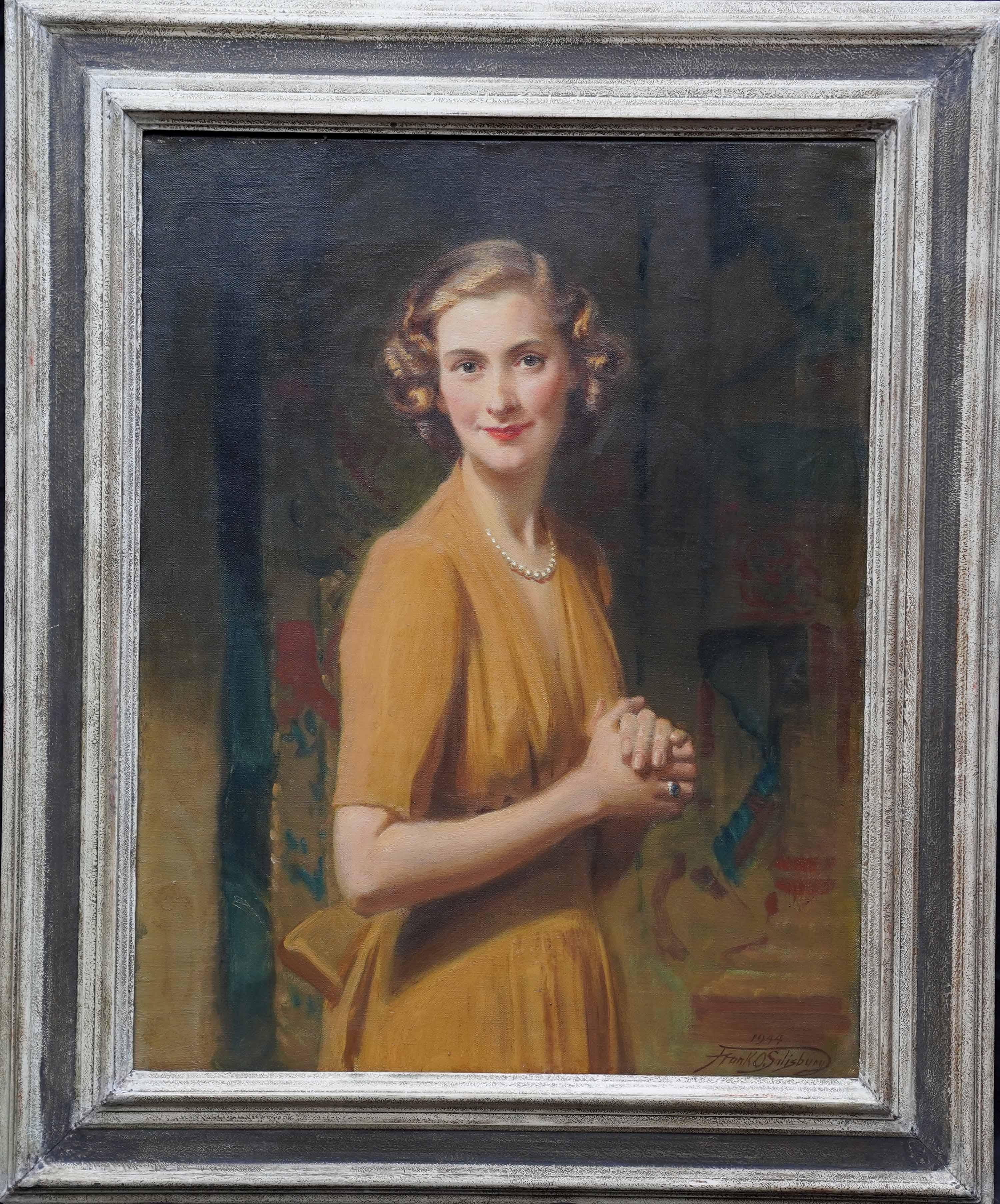 Portrait of a Lady in Gold Dress - British 1940's female portrait oil painting For Sale 6