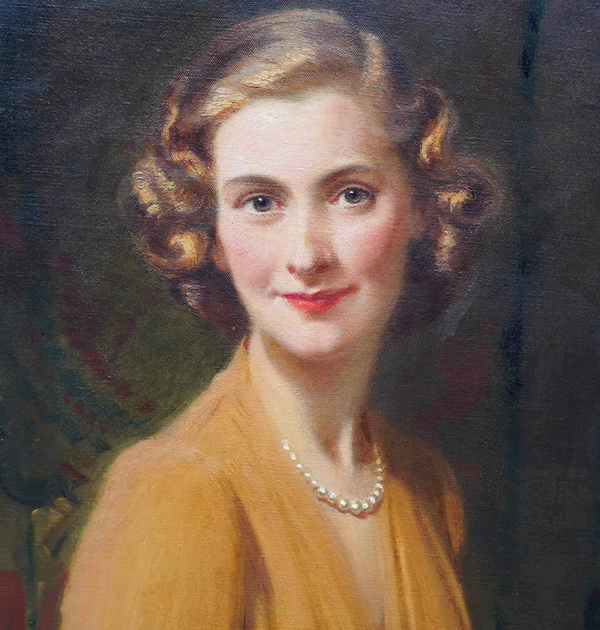 This superb British 1940's portrait oil painting is by noted artist Frank Owen Salisbury also known as Frank O'Salisbury. Painted in 1944 it is a three quarter length portrait of a lady in semi profile but turning her head to smile at the