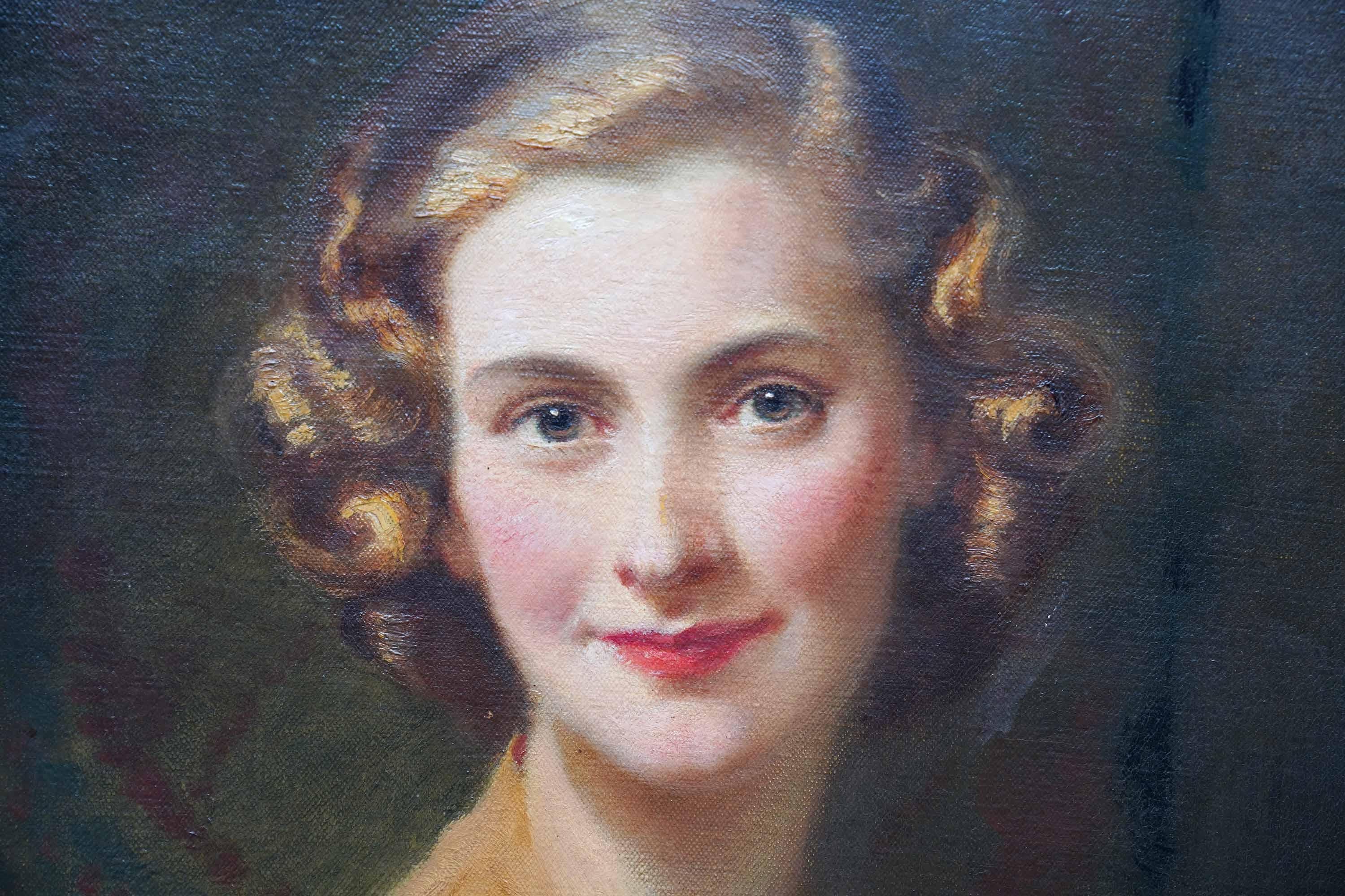 Portrait of a Lady in Gold Dress - British 1940's female portrait oil painting For Sale 1