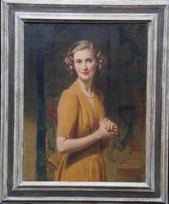 Portrait of a Lady in Gold Dress - British 1940's female portrait oil painting
