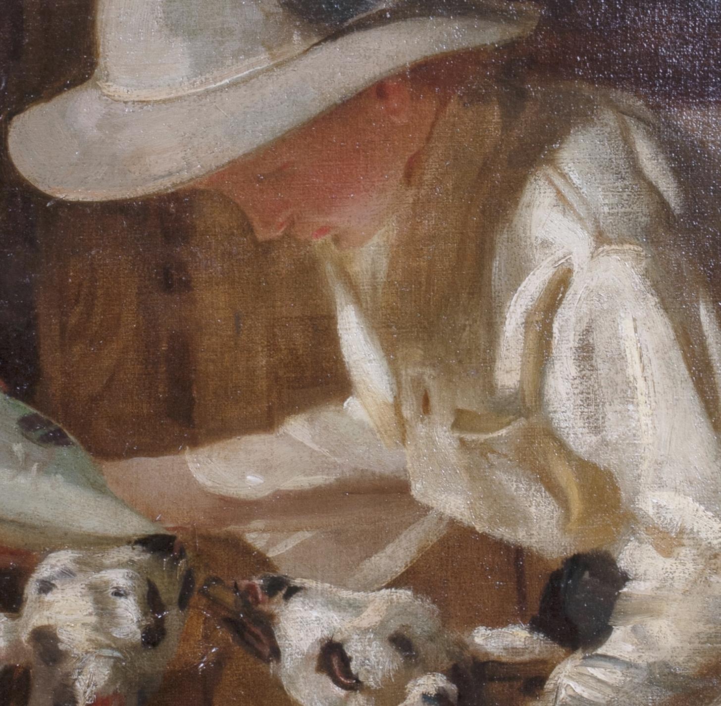 Feeding The Lambs, circa 1900 - Brown Portrait Painting by Frank Owen Salisbury