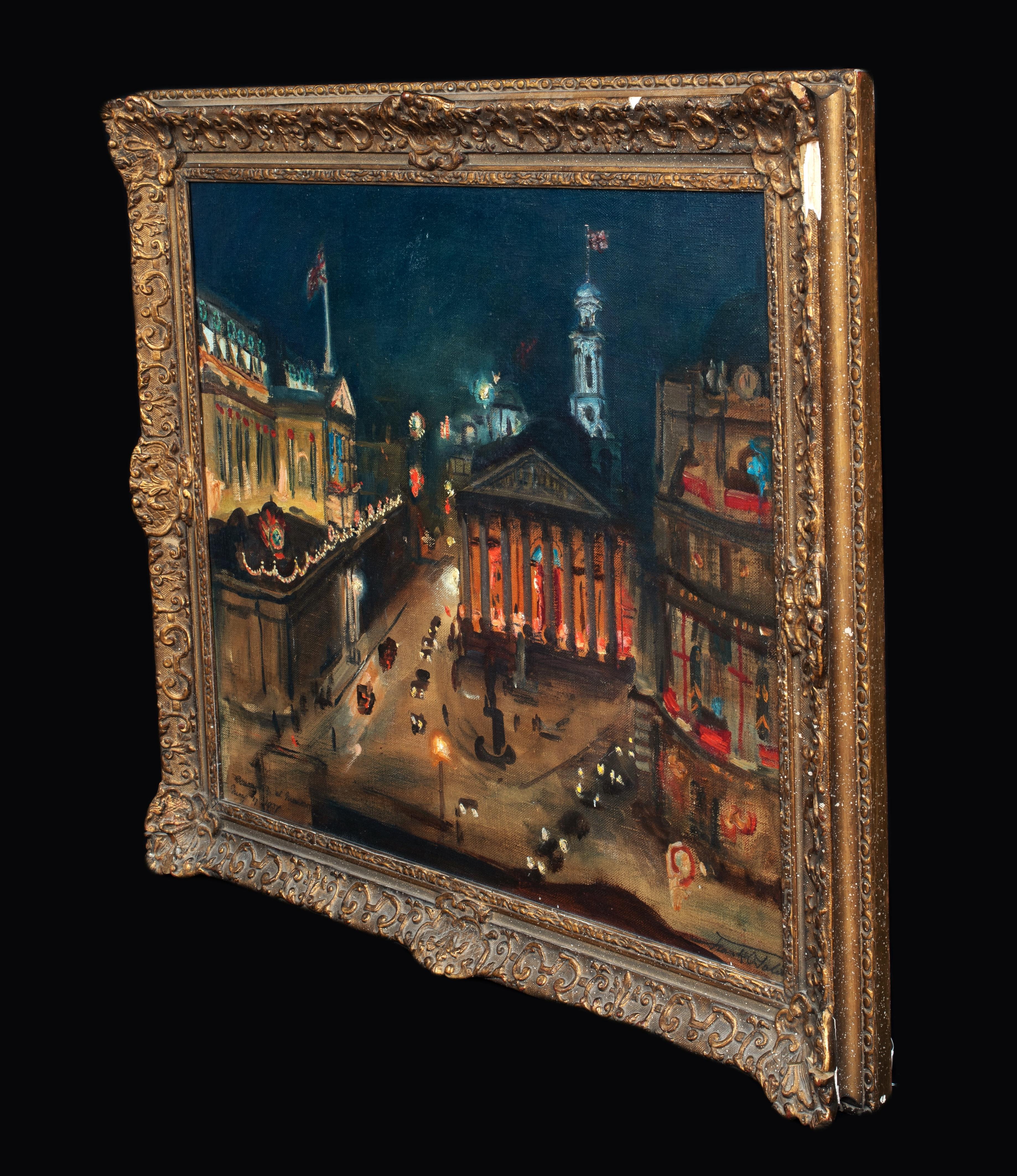 The Royal Exchange and the Bank of England from Mansion House at night, after the coronation of King George VI, dated 1937

Frank O. Salisbury (1874-1962) 

Large 1937 View of London At Night from Mansion House towards The Bank of England & The