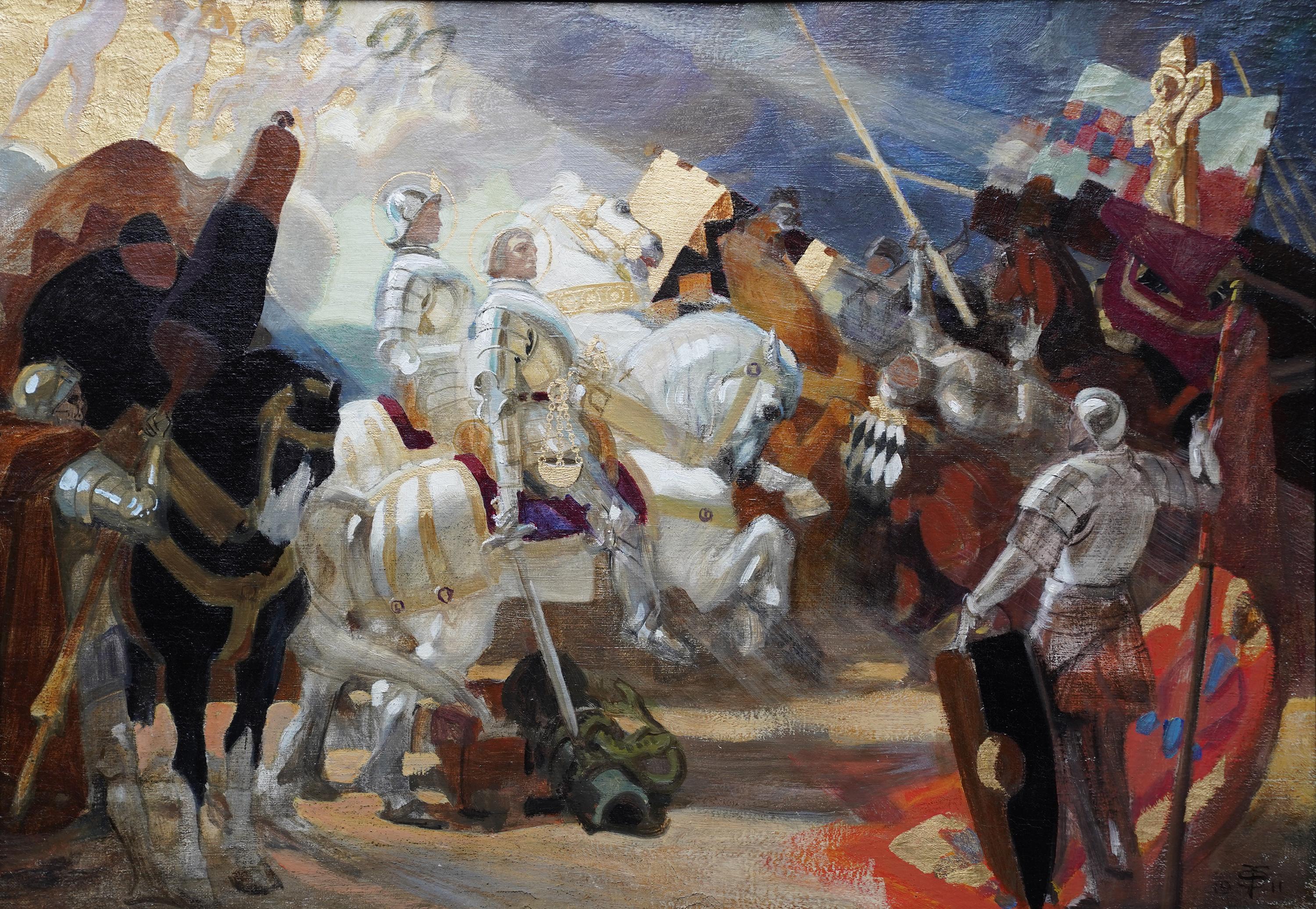 Onward Christian Soldiers - peinture à l'huile d'art religieuse édouardienne britannique de 1911  - Painting de Frank Owen Salisbury