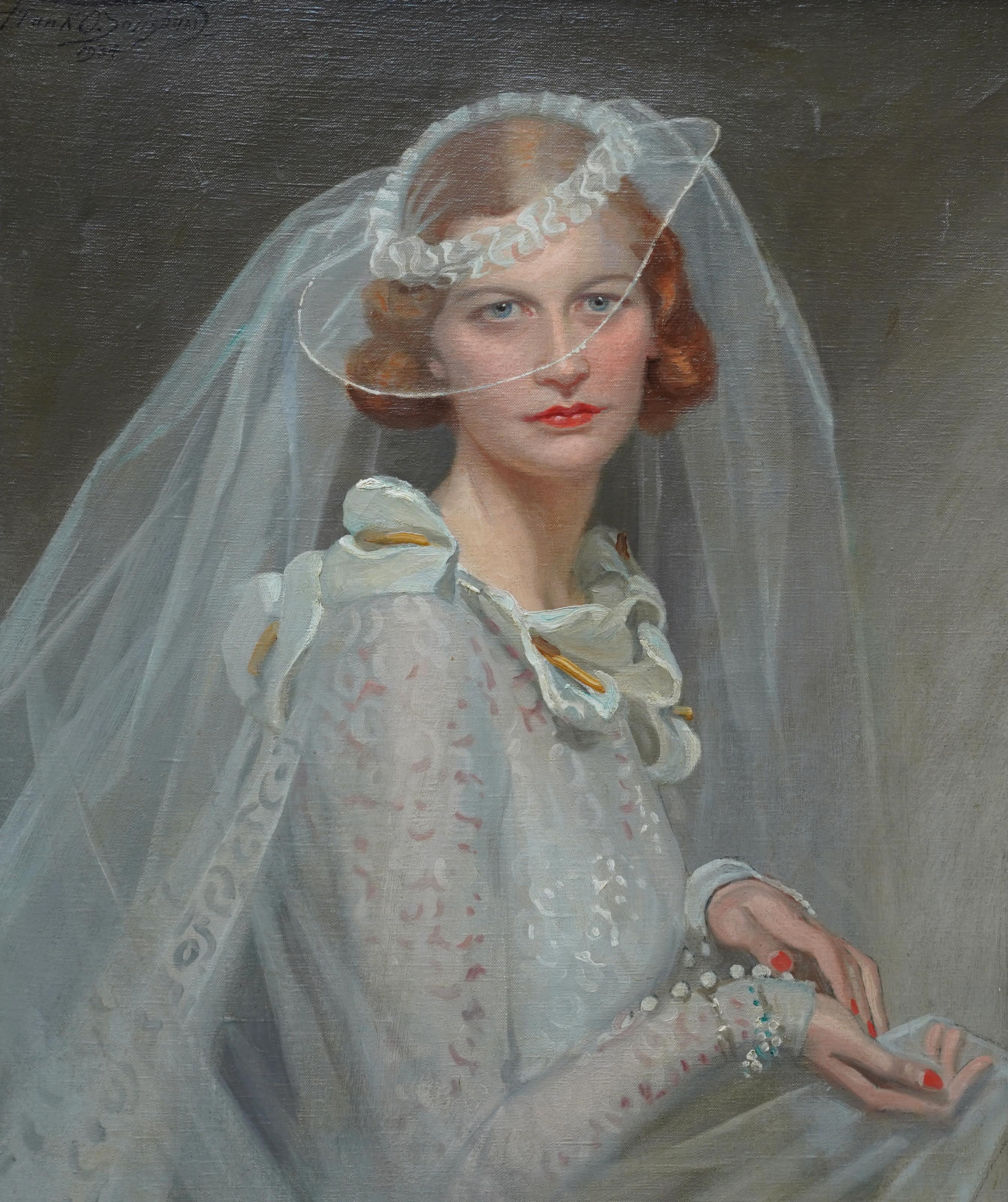 Portrait of a Bride - British 1934 Romantic art female portrait oil painting For Sale 8