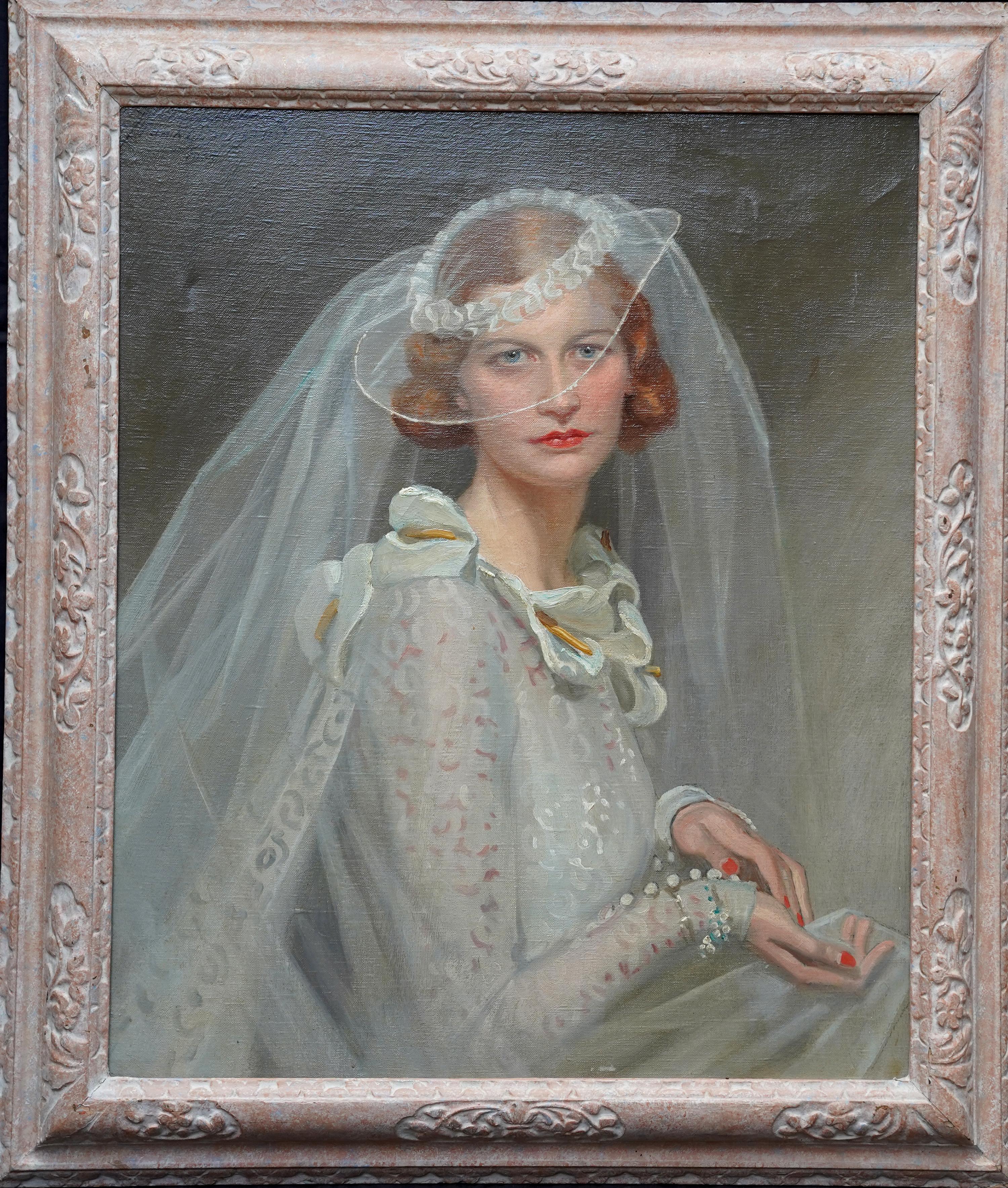 Portrait of a Bride - British 1934 Romantic art female portrait oil painting For Sale 8