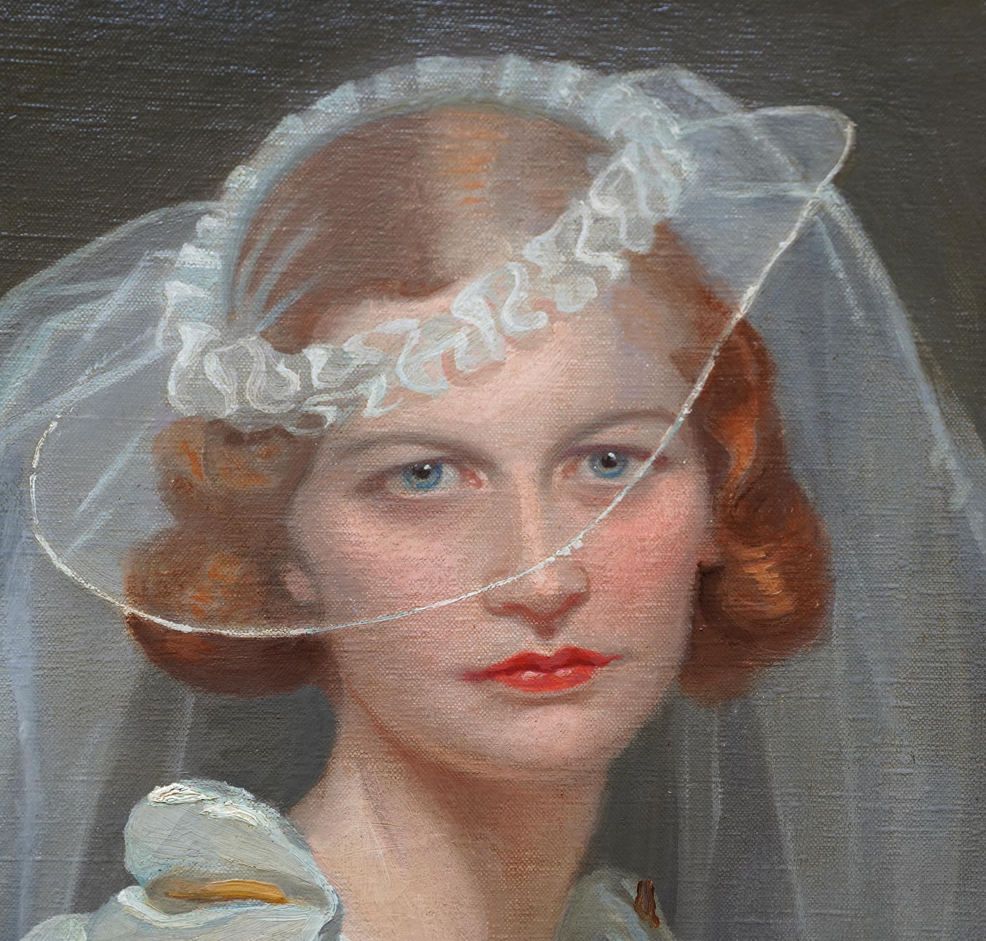 This beautiful British 1930's portrait oil painting is by noted artist Frank Owen Salisbury or Frank O'Salisbury as he is also known. Painted in 1934, the composition is a half length portrait of a beautiful lady in her bridal gown and veil. She is