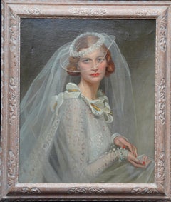 Portrait d'une mariée, art romantique britannique de 1934, peinture à l'huile