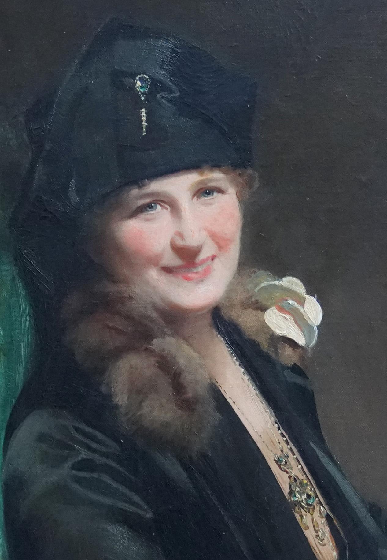 This lovely British portrait oil painting is by noted portrait artist Francis 'Frank' Owen Salisbury. It was painted in 1927 in New York and exhibited the following year at the Royal Academy London, entitled The Artist's Wife. The sitter, Alice