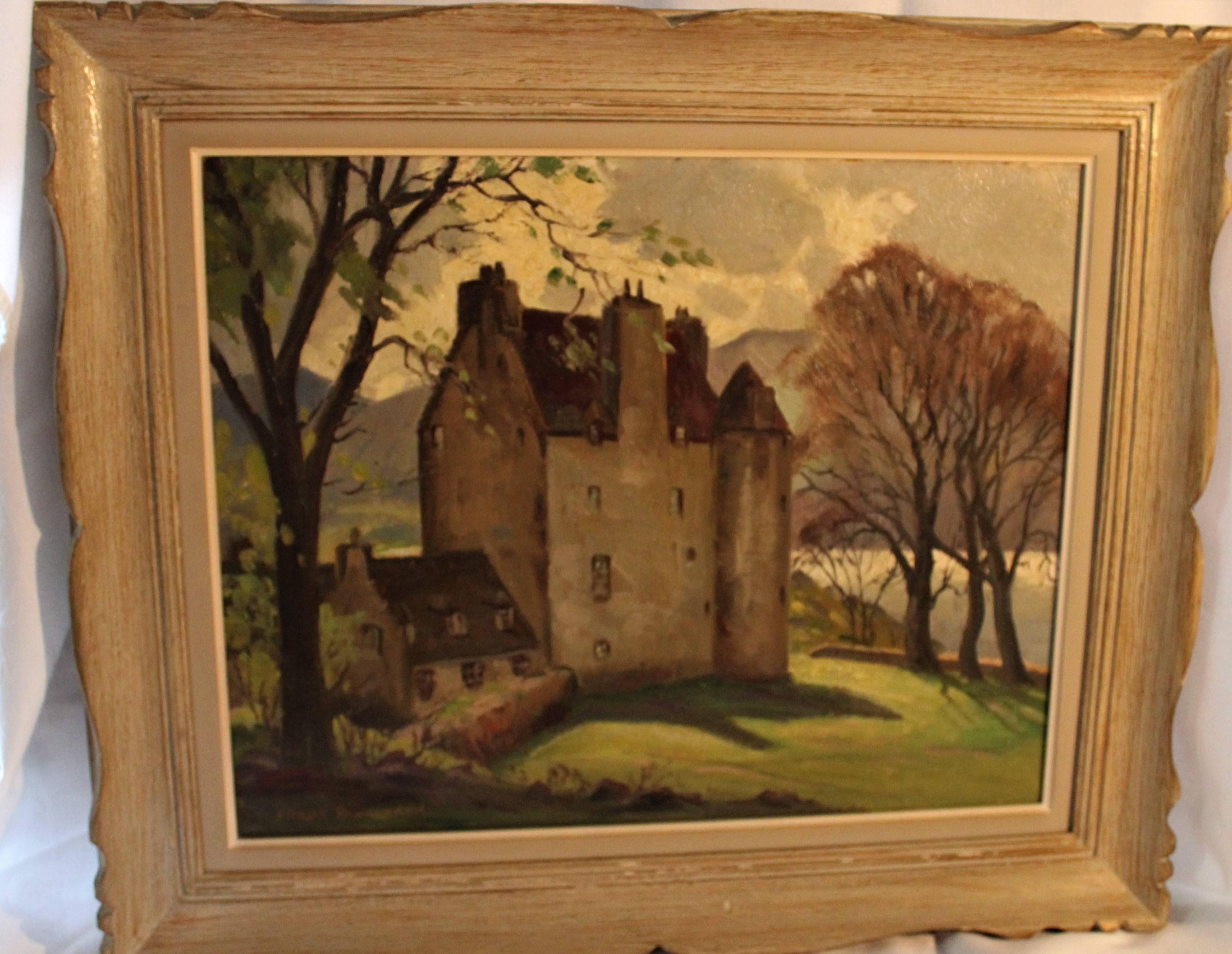 Canadian artist Frank Panabaker (1904–1992) original oil painting on Masonite of Scottish castle Dunderave. Painted in 1959. Actual canvas size 15 inches by 19 inches. 

Frank Shirley Panabaker (1904–1992) was a painter of landscapes, with his