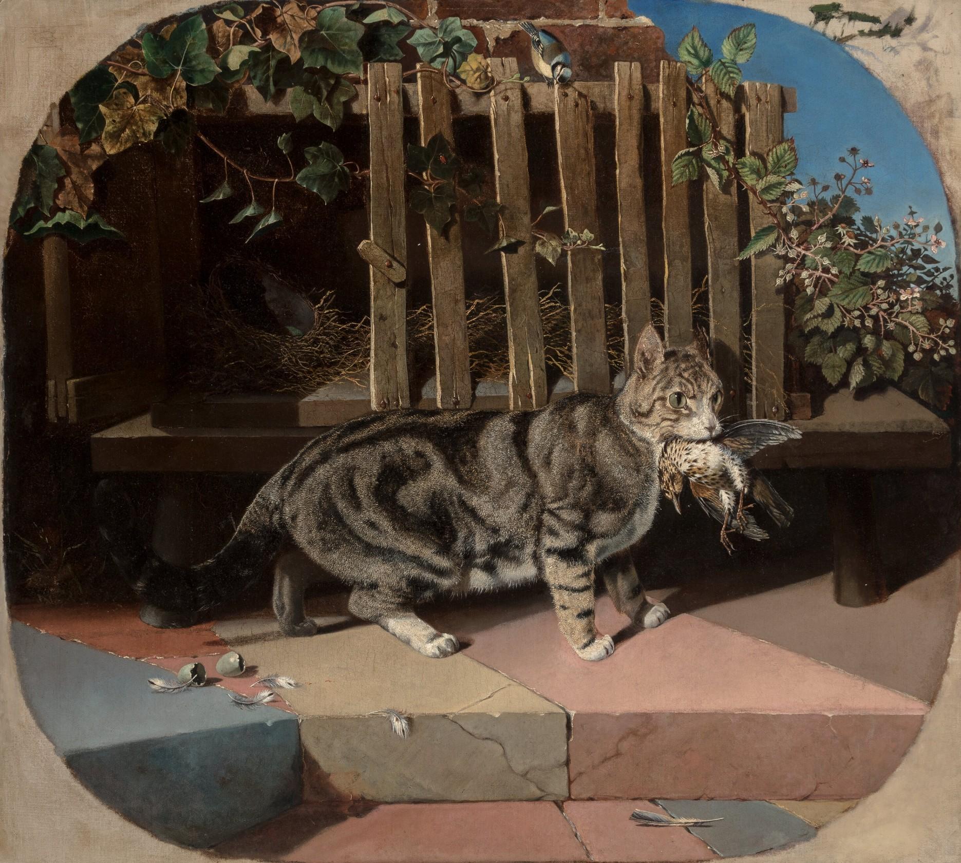 Frank Paton Animal Painting - Cat Caught Dinner, Late 19th Century Animal Oil Painting