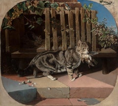 Antique Cat Caught Dinner, Late 19th Century Animal Oil Painting