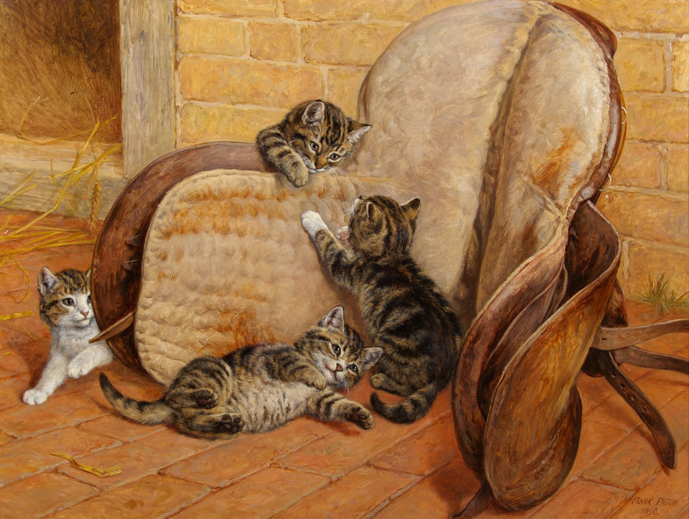 Kittens Playing Around a Saddle - Painting by Frank Paton