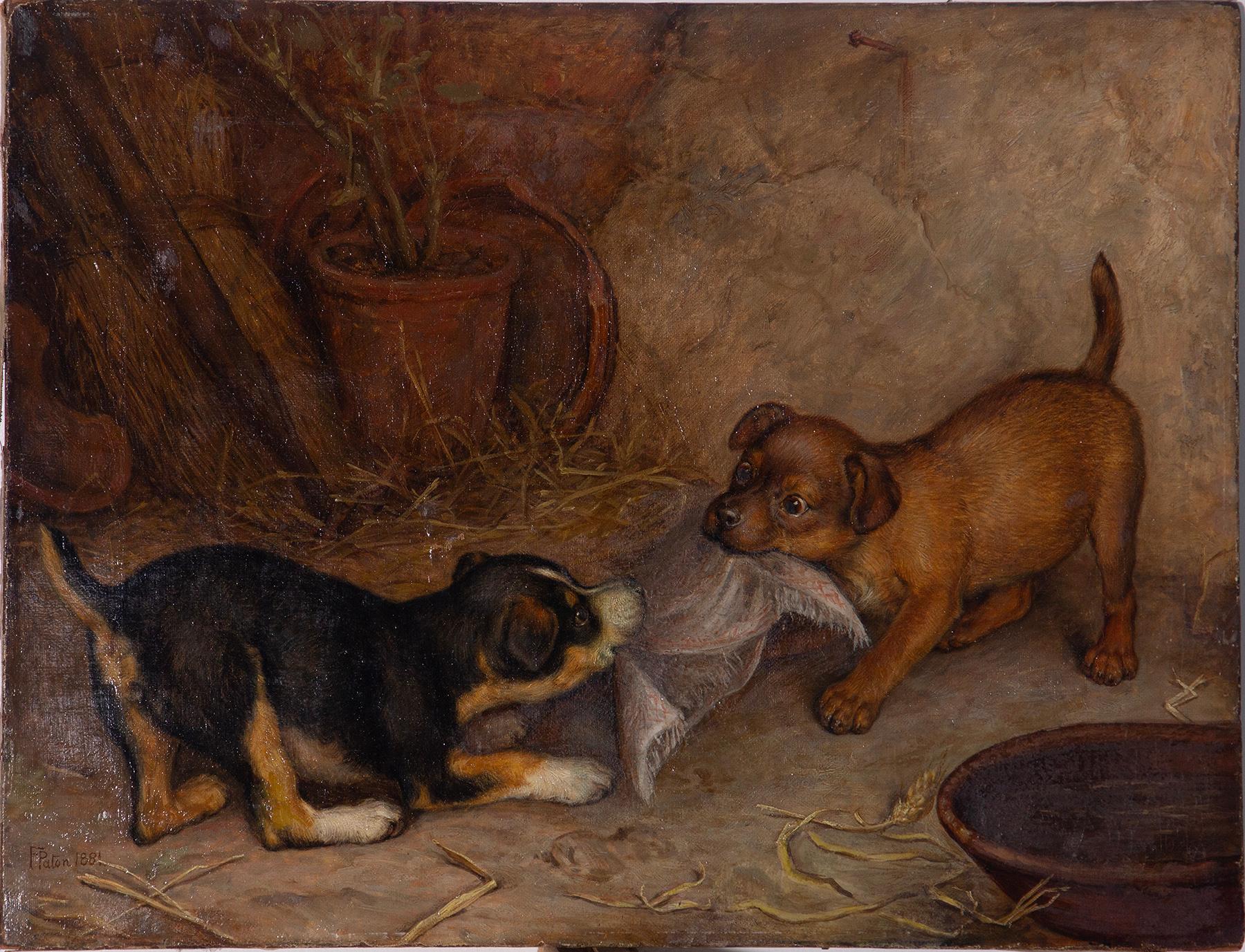 Frank Paton Oil painting on canvas of Puppies playing in vendita 9