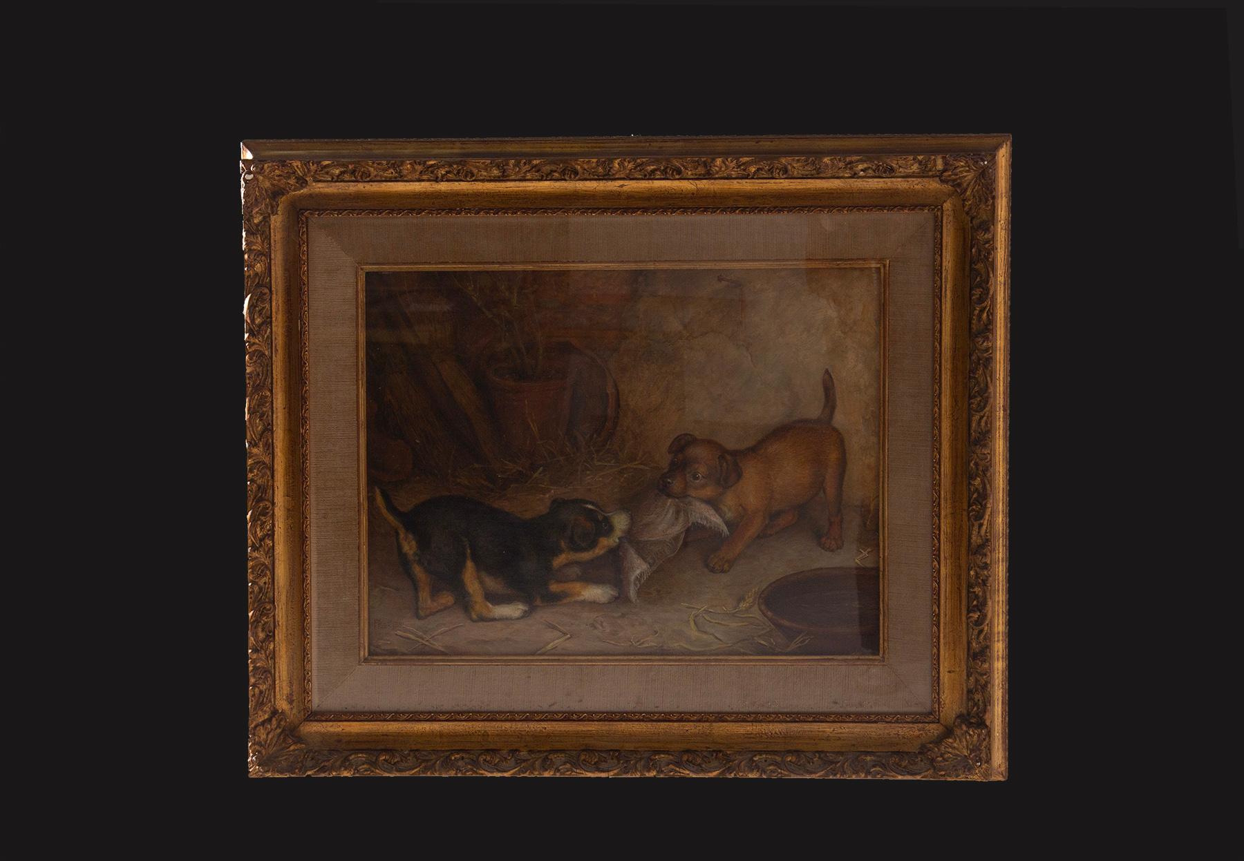 Frank Paton Oil painting on canvas of Puppies playing in vendita 10