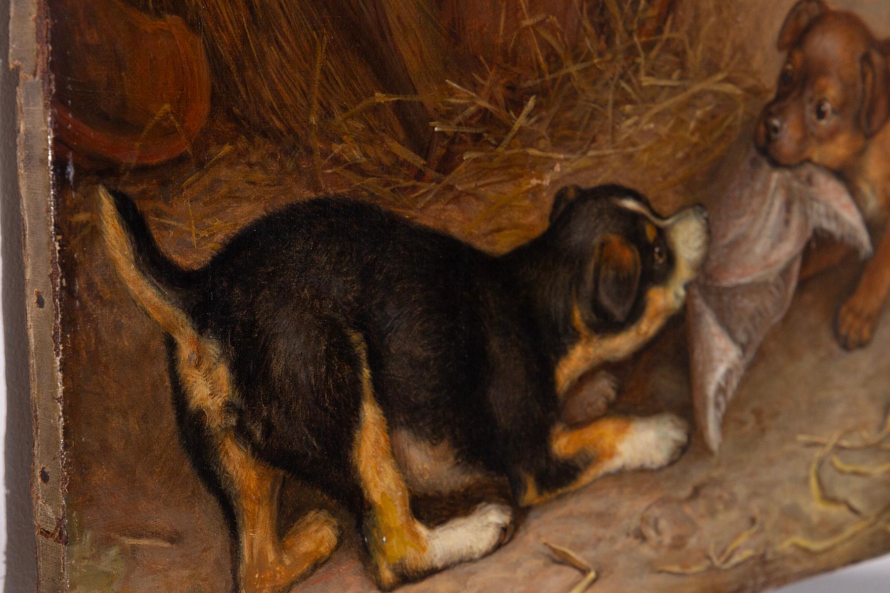 Tela Frank Paton Oil painting on canvas of Puppies playing in vendita
