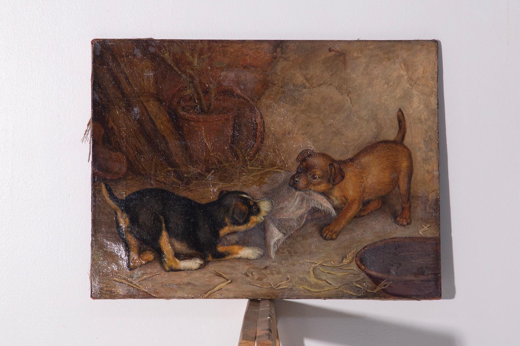 Frank Paton Oil painting on canvas of Puppies playing in vendita 1