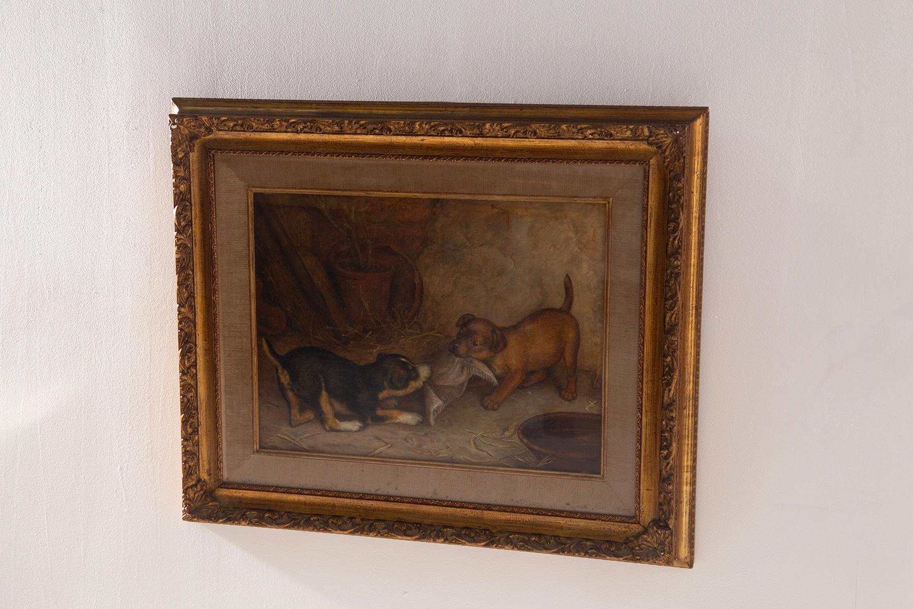 Frank Paton Oil painting on canvas of Puppies playing in vendita 2