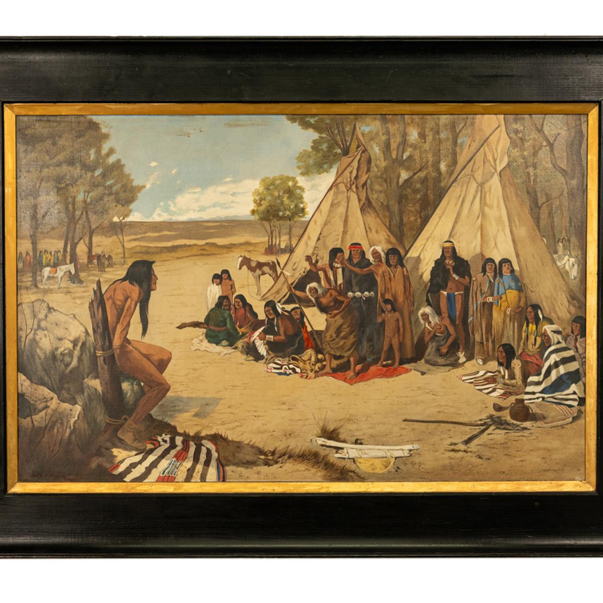 A large American Western, Native American oil on canvas landscape, by Frank Paul Sauerwein (1871-1910), 
