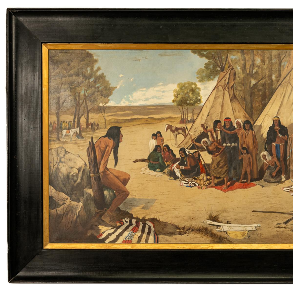 Antique Western Oil on Canvas Painting Native American 