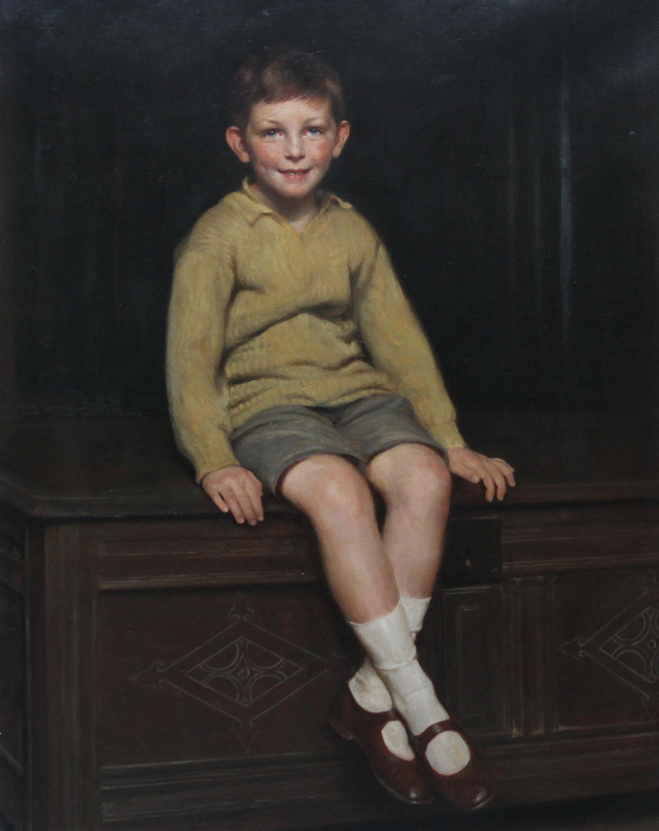 Portrait of Art Deco Boy - British 20's art realist child portrait oil painting  - Painting by Frank Percy Wild