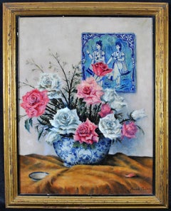 Roses & Indian Tile - Mid 20th Century Flowers Floral Still Life Oil Painting