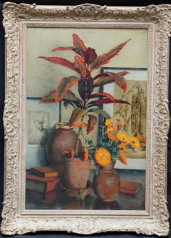 Still Life of Marigolds and Terracotta Pots - British 1930's art oil painting