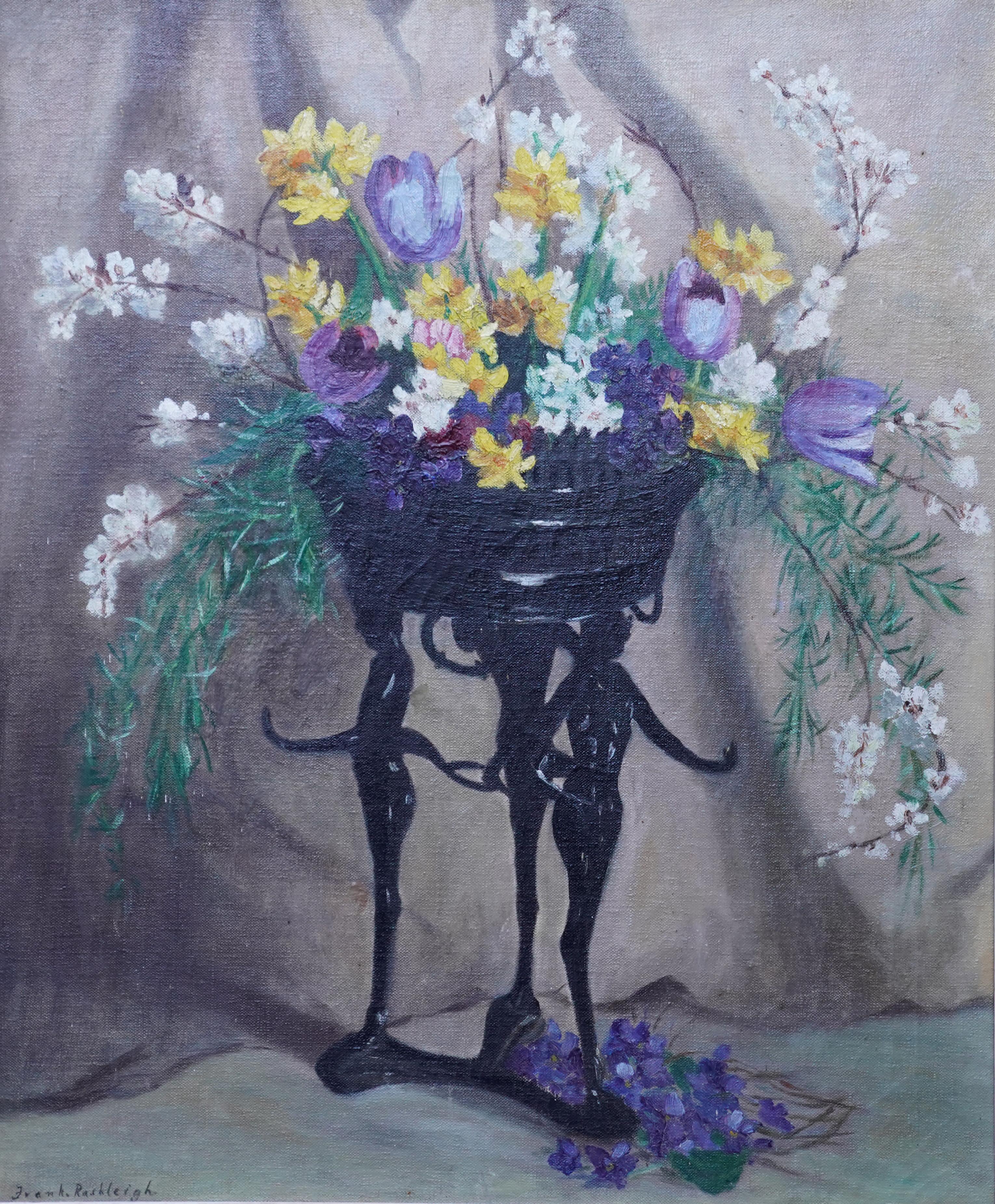 Frühjahrsblumen im Art déco-Stil – britisches Blumenstillleben, Ölgemälde aus den 1930er Jahren – Painting von Frank Rashleigh