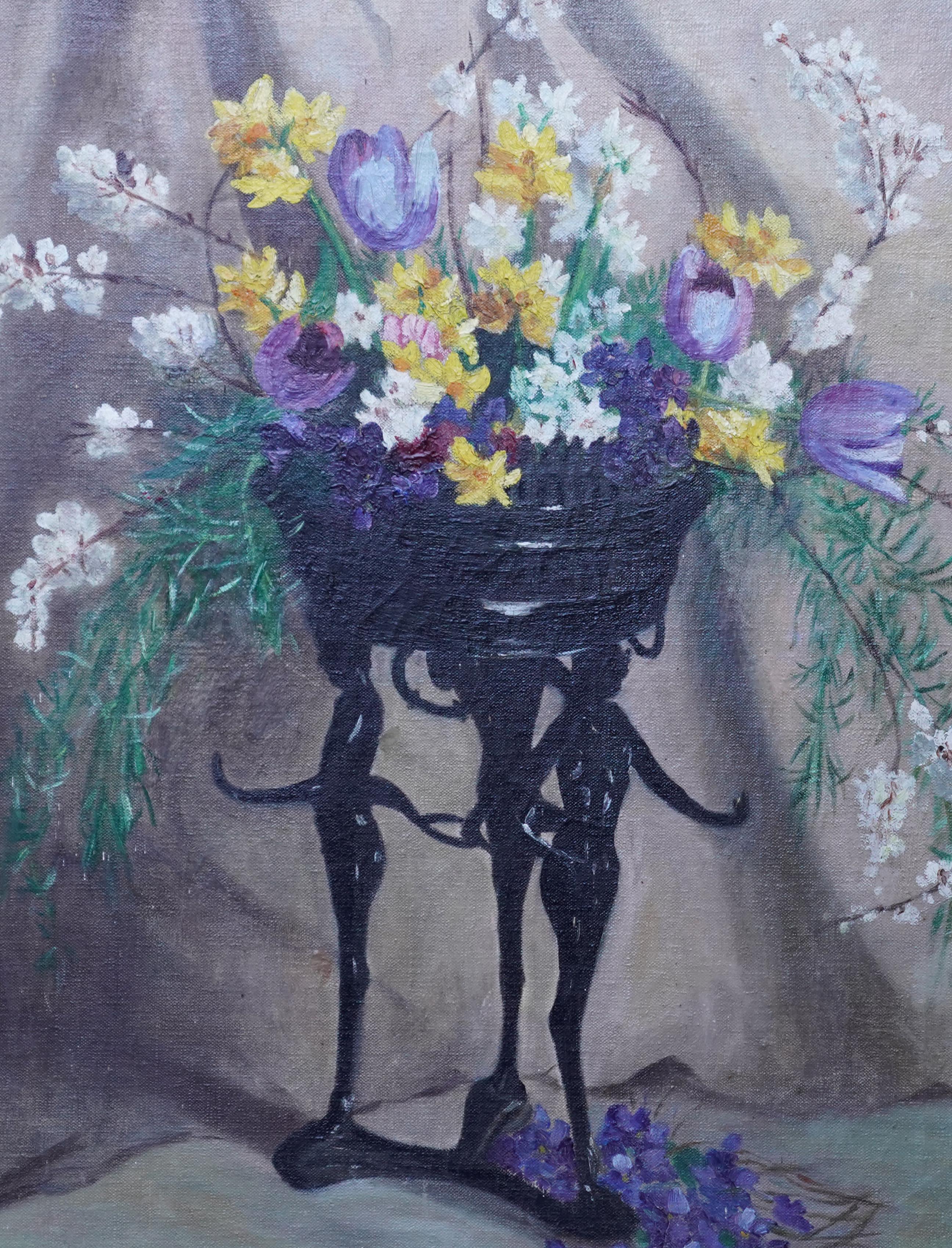 This beautiful British Art Deco floral oil painting is by noted Cornish artist Philip Rashleigh, who used the name Frank for exhibition purposes. The Rashleighs were an old and distinguished Cornish Family and Rashleigh studied under Stanhope Forbes