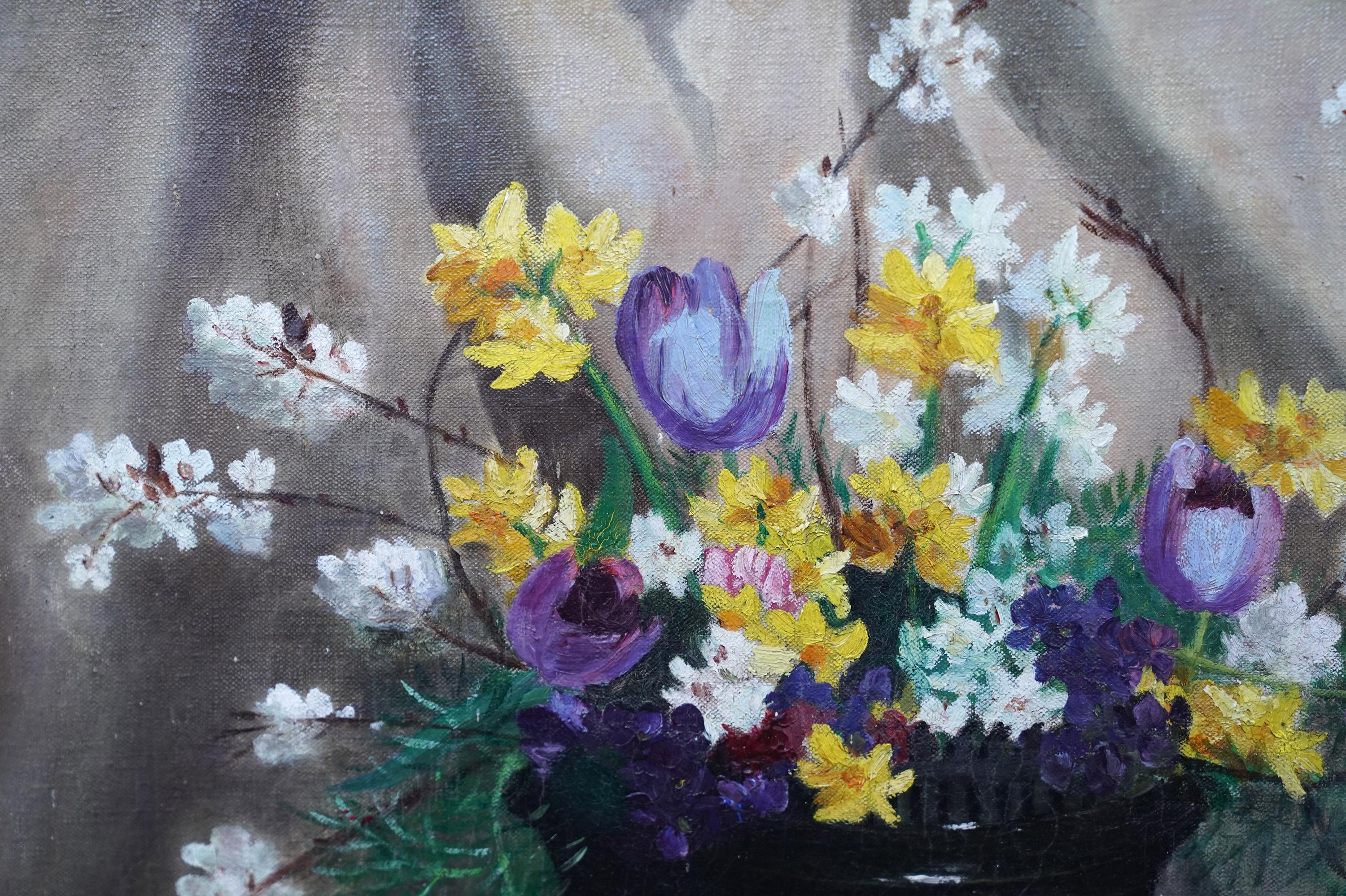 Frühjahrsblumen im Art déco-Stil – britisches Blumenstillleben, Ölgemälde aus den 1930er Jahren im Angebot 1
