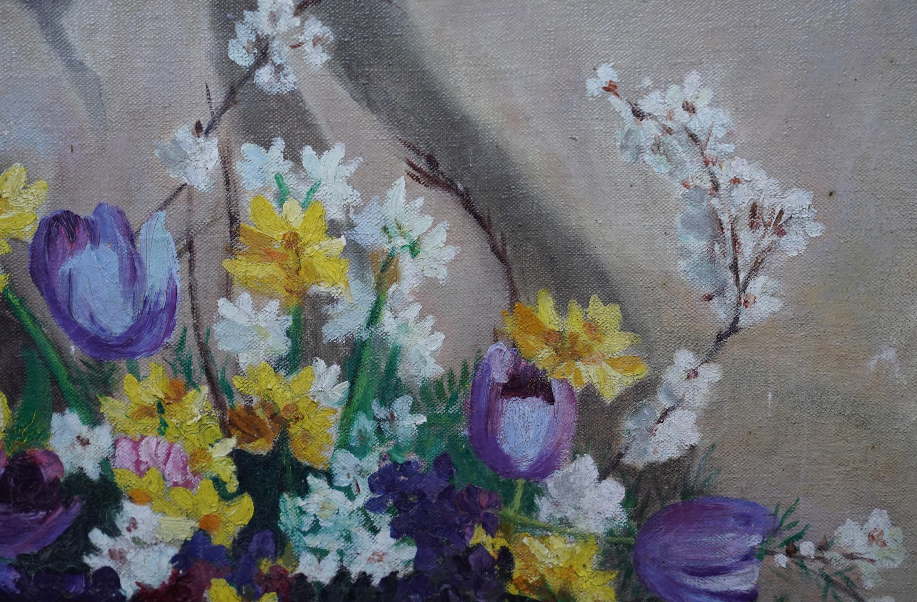 Art Deco Spring Flowers - British 1930's art floral still life oil painting For Sale 2