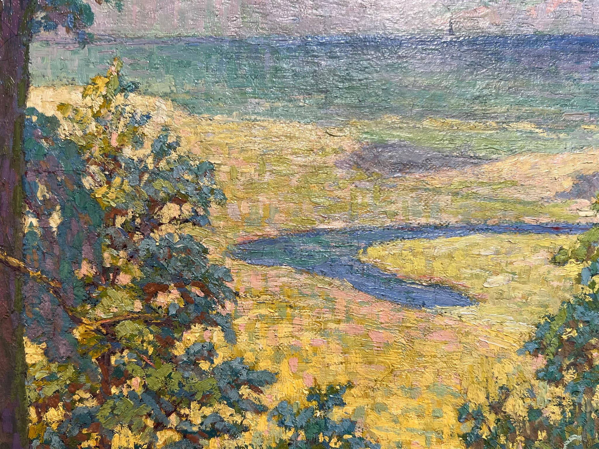 American POINTILLISM Impressionist  MAINE COASTAL Seascape Landscape - Brown Landscape Painting by Frank Reed Whiteside