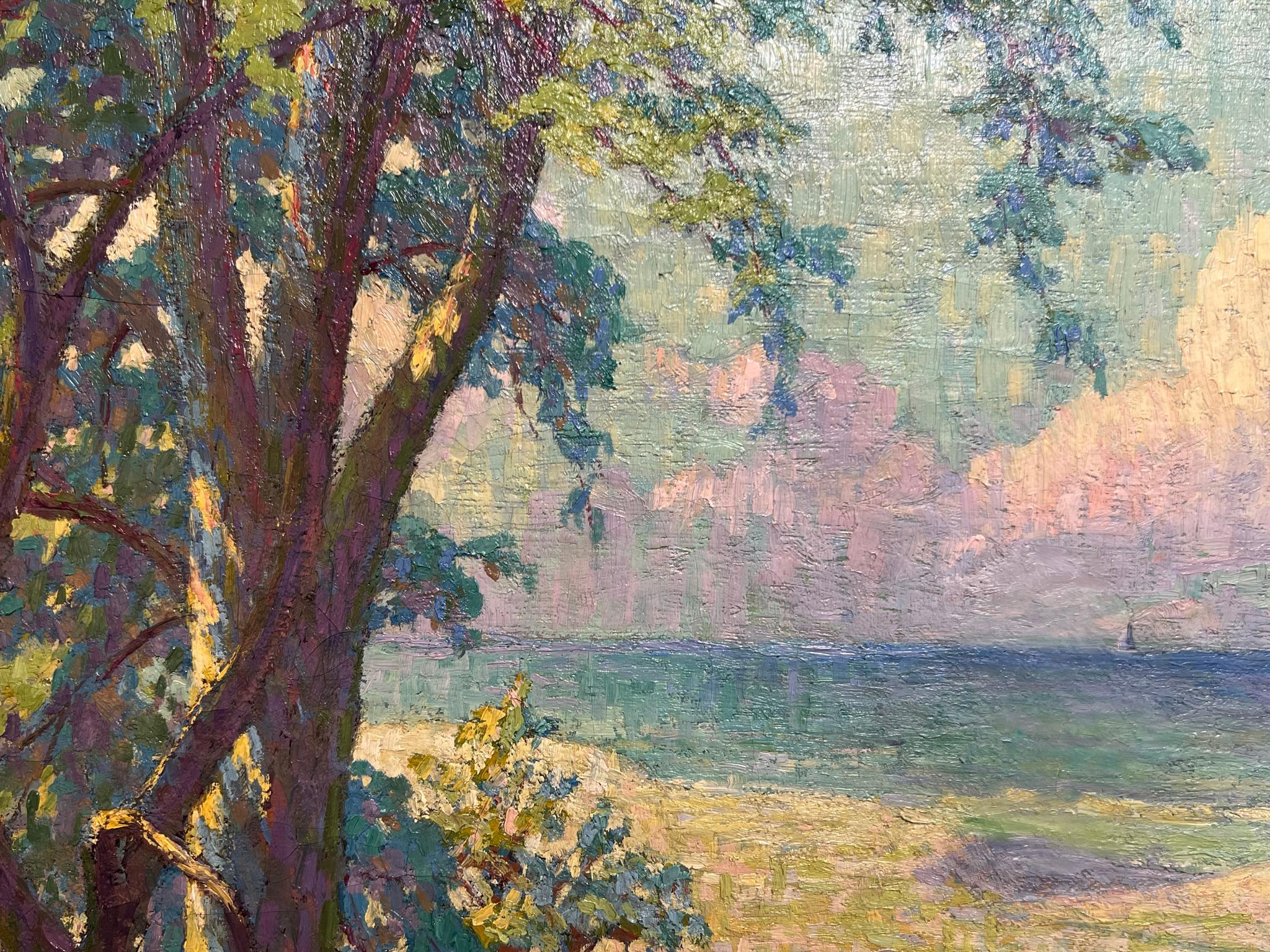 We have this gorgeously toned, fauvist-inspired Pointillist Coastal landscape for sale. An extremely vibrant and sunny scene with trees and Maine coastal beaches in the back.  Very cute little painted yacht in the far.

Frank Whiteside, born in 1866